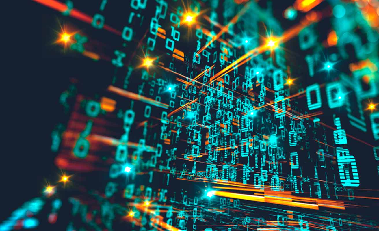 Números y letras con aros de luz en una composición futurista