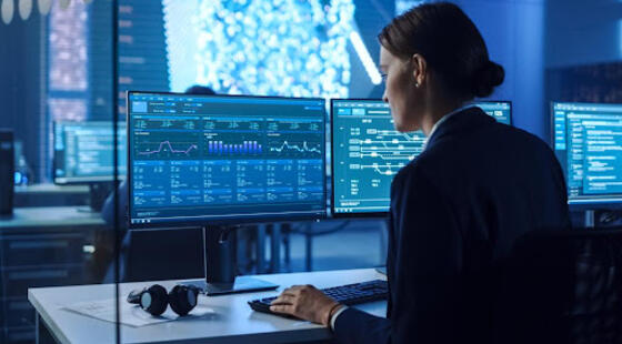 Mujer sentada enfrente de una pantalla de ordenador manipulando un teclado