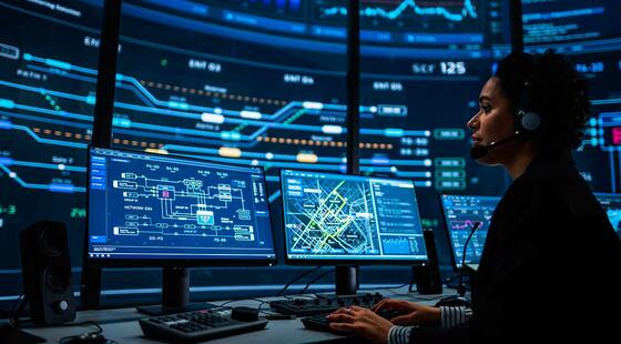 Mujer sentada delante de unas pantallas de ordenador manejando un teclado