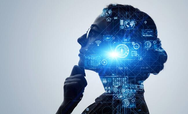 Mujer pensativa con símbolos holográficos en la cabeza